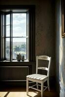 A Chair Sitting In Front Of A Window Next To A Radiator. AI Generated photo