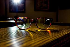 A Pair Of Glasses Sitting On Top Of A Wooden Table. AI Generated photo