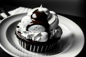 A Chocolate Cupcake With Whipped Cream And Chocolate Sauce. AI Generated photo
