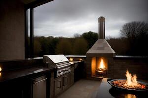 An Outdoor Kitchen With A Fire Pit And Grill. AI Generated photo