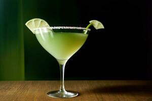 A Lime Margarita Sitting On Top Of A Wooden Table. AI Generated photo