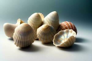 un grupo de mar conchas sentado en parte superior de un mesa. ai generado foto