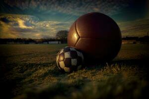 A Couple Of Balls Sitting On Top Of A Lush Green Field. AI Generated photo