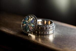 A Couple Of Rings Sitting On Top Of A Wooden Table. AI Generated photo