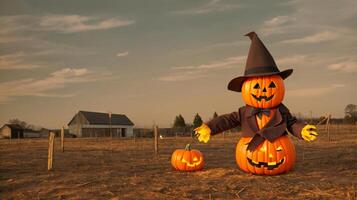 A Scarecrow Standing Next To Two Pumpkins In A Field. photo