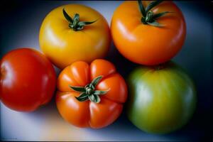 A Group Of Four Tomatoes And Two Green Tomatoes. AI Generated photo