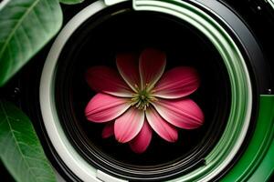 un rosado flor con verde hojas rodeando él. ai generado foto