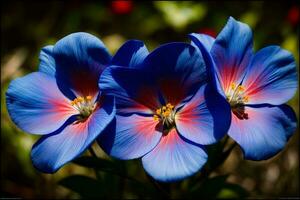 A Couple Of Blue Flowers Sitting Next To Each Other. AI Generated photo