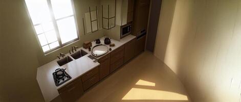 A Bathroom With Two Sinks And A Window. AI Generated photo