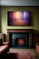 A Living Room With A Fireplace And A Painting On The Wall. AI Generated photo