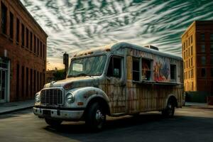 An Old Rusty Food Truck Parked On The Side Of The Road. AI Generated photo