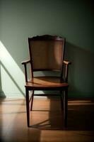 A Wooden Chair Sitting On Top Of A Hard Wood Floor. AI Generated photo