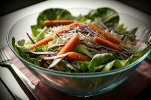 A Salad With Carrots And Lettuce In A Glass Bowl. AI Generated photo