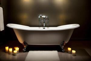 A White Bath Tub Sitting In A Bathroom Next To Candles. AI Generated photo