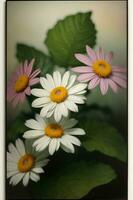 A Group Of White And Pink Flowers With Green Leaves. AI Generated photo