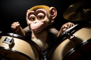 A Monkey That Is Sitting Behind A Drum Set. AI Generated photo