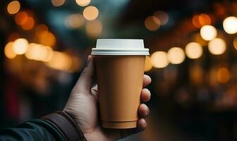 hand holding paper coffee cup generated by AI photo