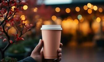 hand holding paper coffee cup generated by AI photo