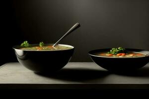 Two Bowls Of Soup With Carrots And Broccoli. AI Generated photo