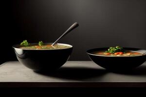 Two Bowls Of Soup With Carrots And Broccoli. photo