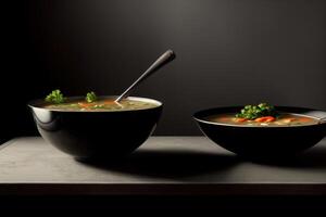 dos bochas de sopa con zanahorias y brócoli. ai generado foto