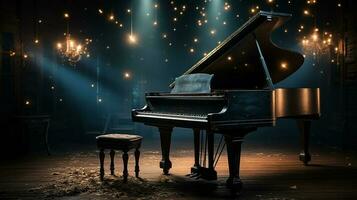 an old grand piano in the middle of dark blank room with god rays light it up AI generate photo