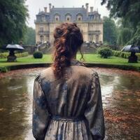 un espalda perfil de un niña en un lluvia a un parque de un Francia antiguo pueblos ai generativo foto