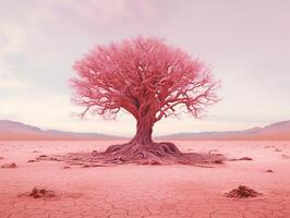 panoramic picture of a baby pink leafed tree in the middle of red utopia desert photo