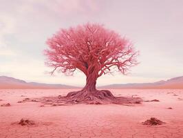 panoramic picture of a baby pink leafed tree in the middle of red utopia desert AI generative photo