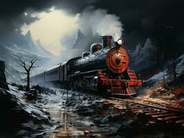un tren en el nieve con oscuro fondo, insano detalle hecho por ai generativo foto