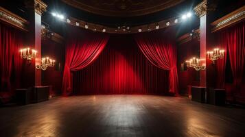 theater stage, with red curtain, wooden floor, chairs and lighting AI generative photo