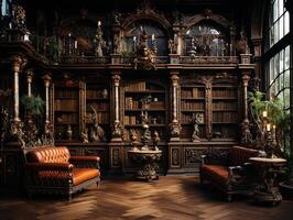 a photography of classical wooden library, insane detail AI generative photo