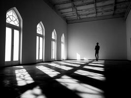 black and white picture of a silhouette in the empty room photo