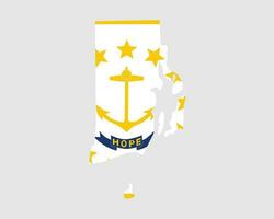 Rhode Island Map Flag. Map of RI, USA with the state flag. United States, America, American, United States of America, US State Banner. Vector illustration.