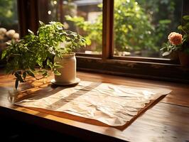 papel en el de madera mesa, real fotografía con suave Encendiendo y Dom ligero ai generar foto