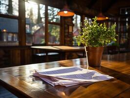 paper on the wooden table, real photography with smooth lighting and sun light AI generate photo