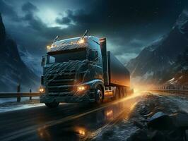 a white truck on highway, with galaxy background, insane detail made by AI generative photo