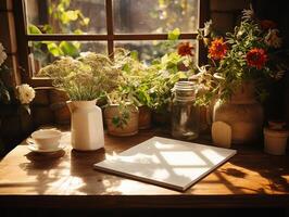 paper on the wooden table, real photography with smooth lighting and sun light AI generate photo