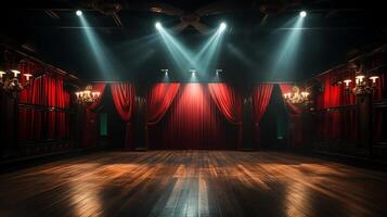 theater stage, with red curtain, wooden floor, chairs and lighting photo