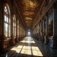 A realistic pictures of a hallway of a building in a renaissance era photo