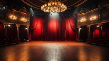 teatro escenario, con rojo cortina, de madera piso, sillas y Encendiendo ai generativo foto