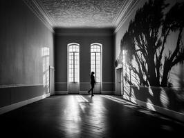 black and white picture of a silhouette in the empty room generative AI photo