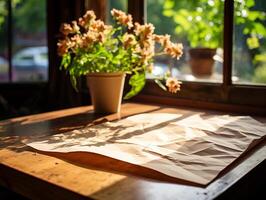 paper on the wooden table, real photography with smooth lighting and sun light AI generate photo