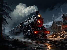 a train in the snow with dark background, insane detail Made By AI generative Photo