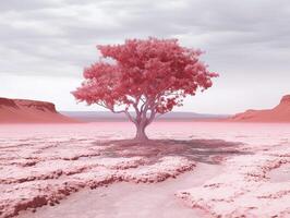 panoramic picture of a baby pink leafed tree in the middle of red utopia desert photo