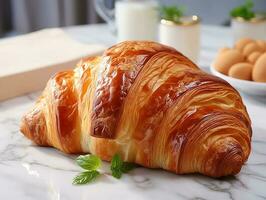 photography of french croissant on the white marble table AI generated photo