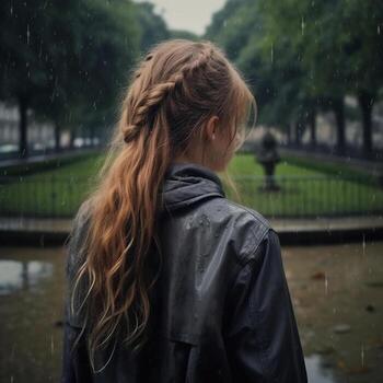 A back profile of a girl in a rain at a park of a france old villages photo