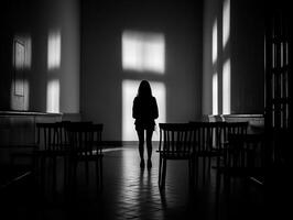 black and white picture of a silhouette in the empty room photo