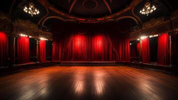 teatro escenario, con rojo cortina, de madera piso, sillas y Encendiendo ai generativo foto