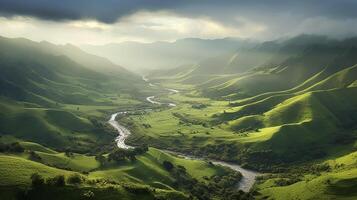 panorámico foto de un verde lozano Valle en un tarde tarde, parece majestuoso ai generativo